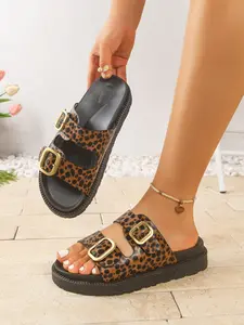 Women's Thick Sole Sandals Square Buckle Leopard Print Fashion Versatile Outdoor Slip-On Slippers, Casual PU Leather Shoes