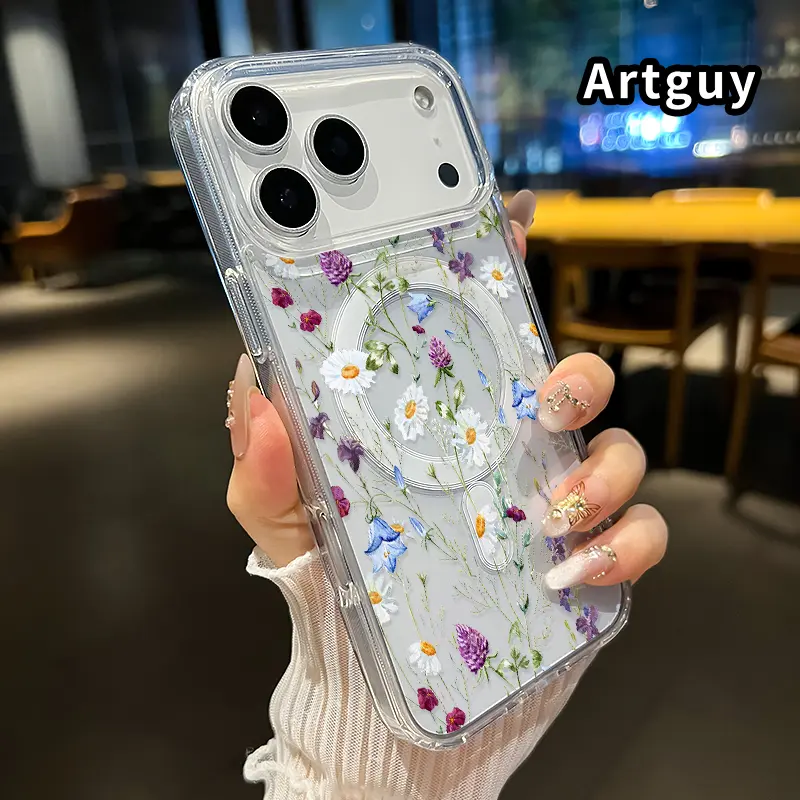 Magnetic Phone case for iPhone 17 16  Pro Max Plus 15 14 13 12 11 Air E Wildflower Symphony Pattern Non-Yellowing Shockproof Soft Silicone Transparent Acrylic Large Hole Cover Supports Wireless Charging