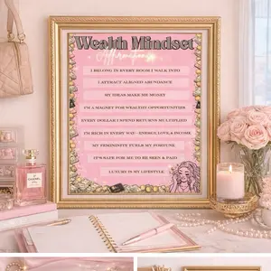 Wealth Mindset Affirmation Poster Pink Print Style Motivational Wall Art for Home Office Decor