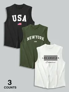 Men's Summer Casual Sleeveless Vest, casual sporty vest, Beach Coconut Tree Print, Outdoor Sports Wear, Daily Versatile Style, Get 3 Pieces Set, Workout Activewear