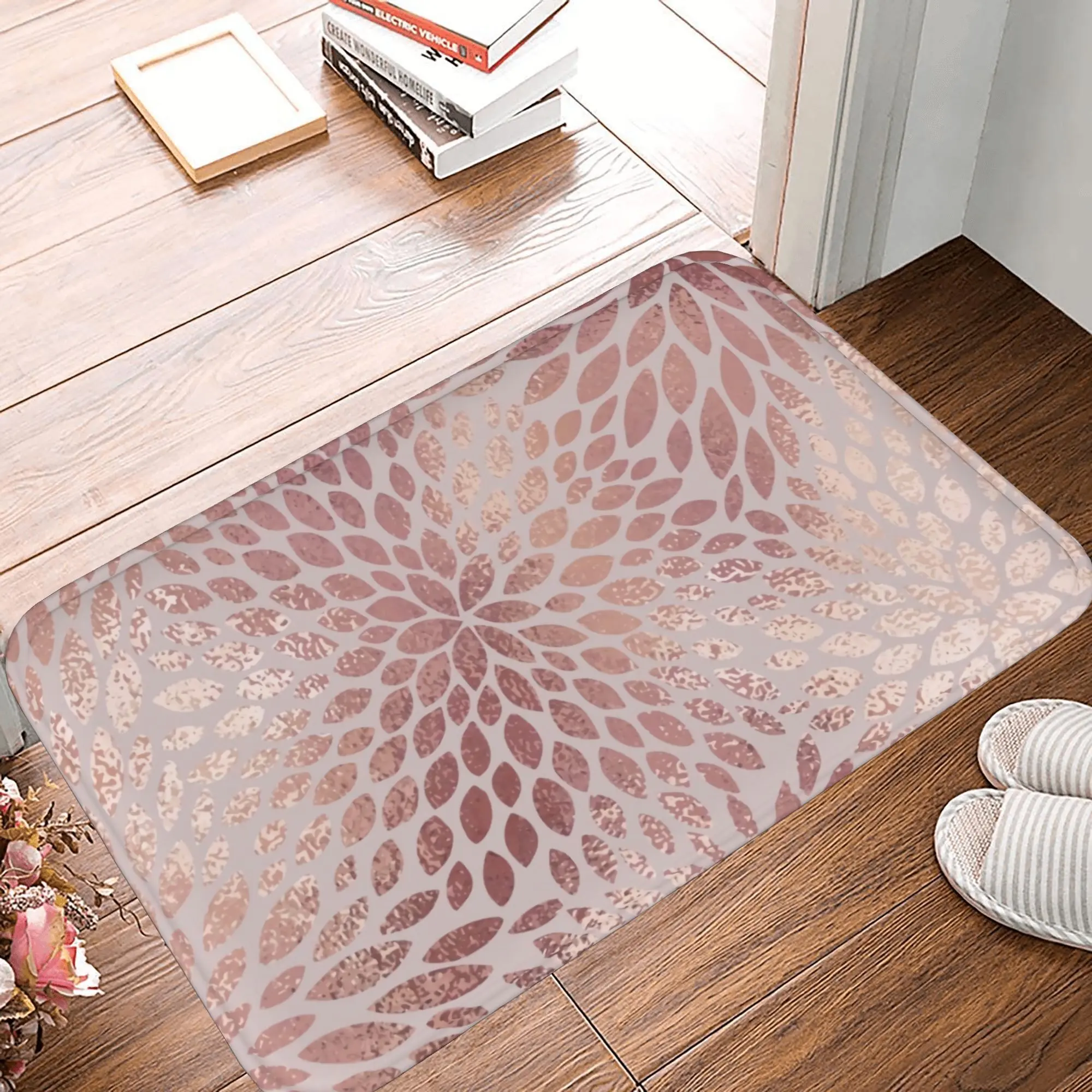 Elegant Rose Gold Floral Doormat   Shimmering Petal Design Entryway Mat   Absorbent, Non Slip & Fade Resistant for Home Decor