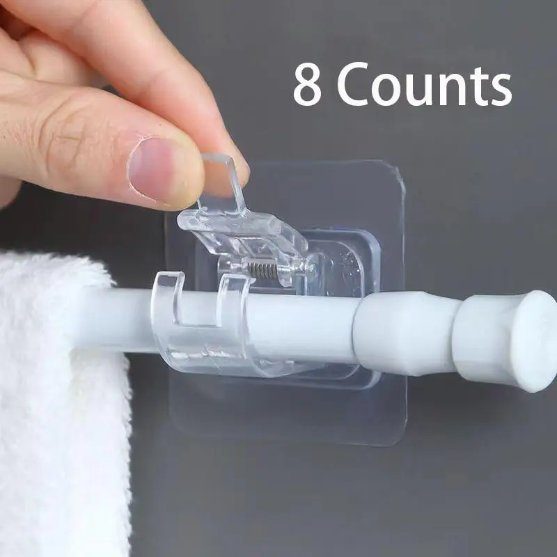 Clear Curtain Rod Holder, 8 Counts No Drilling Self Adhesive Curtain Rod Holder, Adjustable Curtain Rod Hooks for Home Bathroom Hotel Decor Curtain Ti