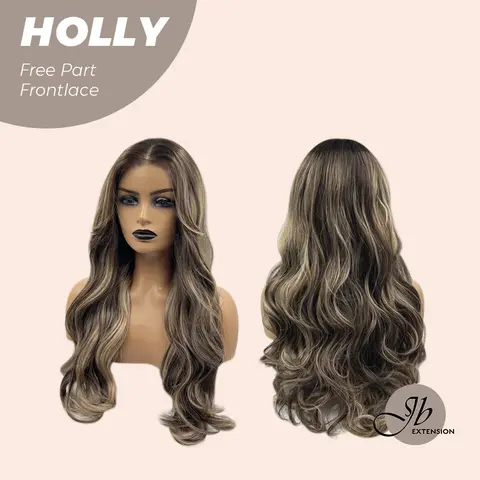 JBEXTENSION 24 Inches Brown With Highlight Wave Pre-Cut Free Part Frontlace Glueless Wig HOLLY