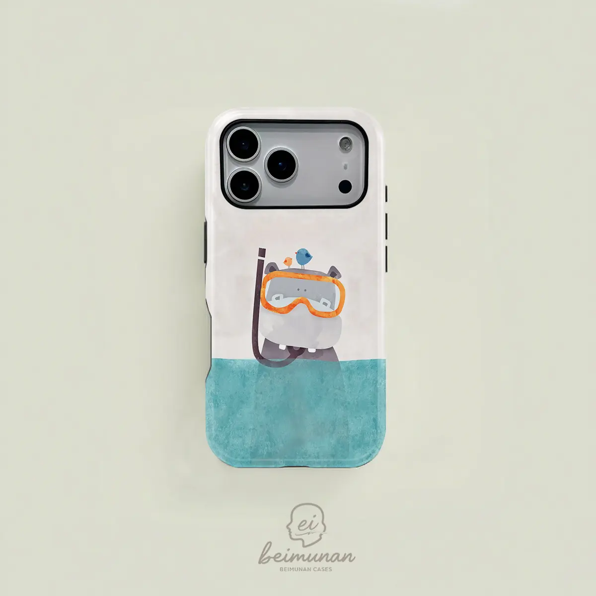 Cute Hippo with Birds Pattern Tough Phone Case with HD Prints,Heavy Duty Shockproof 2in1 Protective Cover for iPhone 17 16 15 14 13 12 Pro Max，Samsung Galaxy S25 S24 S23 S22 Ultra Series Holiday Gift Minimalist Fashion Case