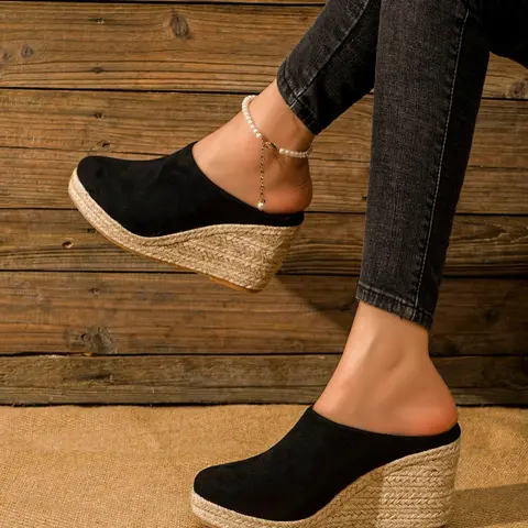 Women's 1 Pair Casual Solid Color Wedge Sandals, Classic Fashionable Slip-On Espadrille Sole Flannel Wedge Sandals for Beach, Getaway Sandals, Female Casual Shoes for Daily Use, Elevated Sandals, Fashionable Comfy Sandals