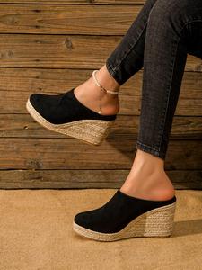 women's 1 pair casual solid color wedge sandals, fashionable slip on flannel espadrille wedge sandals for beach, female casual shoes for daily used