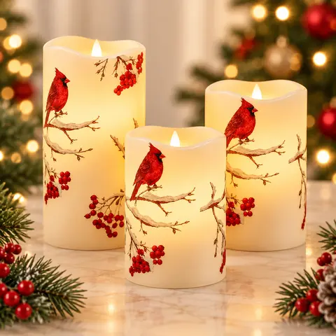 3-Piece Cardinal Bird & Berries Flameless LED Pillar Candles - Battery-Operated, Warm Flickering Mood Lighting, Plastic Body, Winter Festive Style Decorative Lights, Christmas Mantel Decor, Holiday Gift, Christmas Wishlist Item