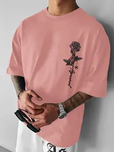Men's Rose & Athletic Letter Print Round Neck Tee, Loose Casual Fashion Short Sleeve T-shirt for Summer, Men's Top for Daily Wear