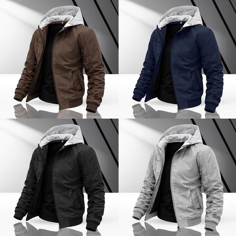 Men's Simple Contrasting Color Hooded Bomber Jacket Delicate Smooth Fabric Three Dimensional Tailoring Trendy Commuting Style Light Social Adaptation Personalized Versatile Model