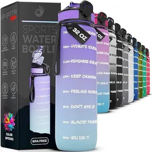 Motivational Sports Water Bottle,32 ounce Water Bottle with Time Marker,1 Liter Gym Water Bottle, One Click Open-Easy Carry Handle SpillProof,BPA FREE