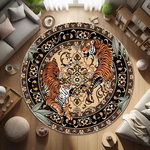 Luxurious Vintage Jungle Tiger Carpet, Animal Printed Rug, Soft Bohemian Plant Round Rug, Bohemian Style Rugs, Vintage Boho Rug, Vintage Design Rug for Living Room Bedroom, Non-Slip Washable Mat for Dining Hall Entrance Office