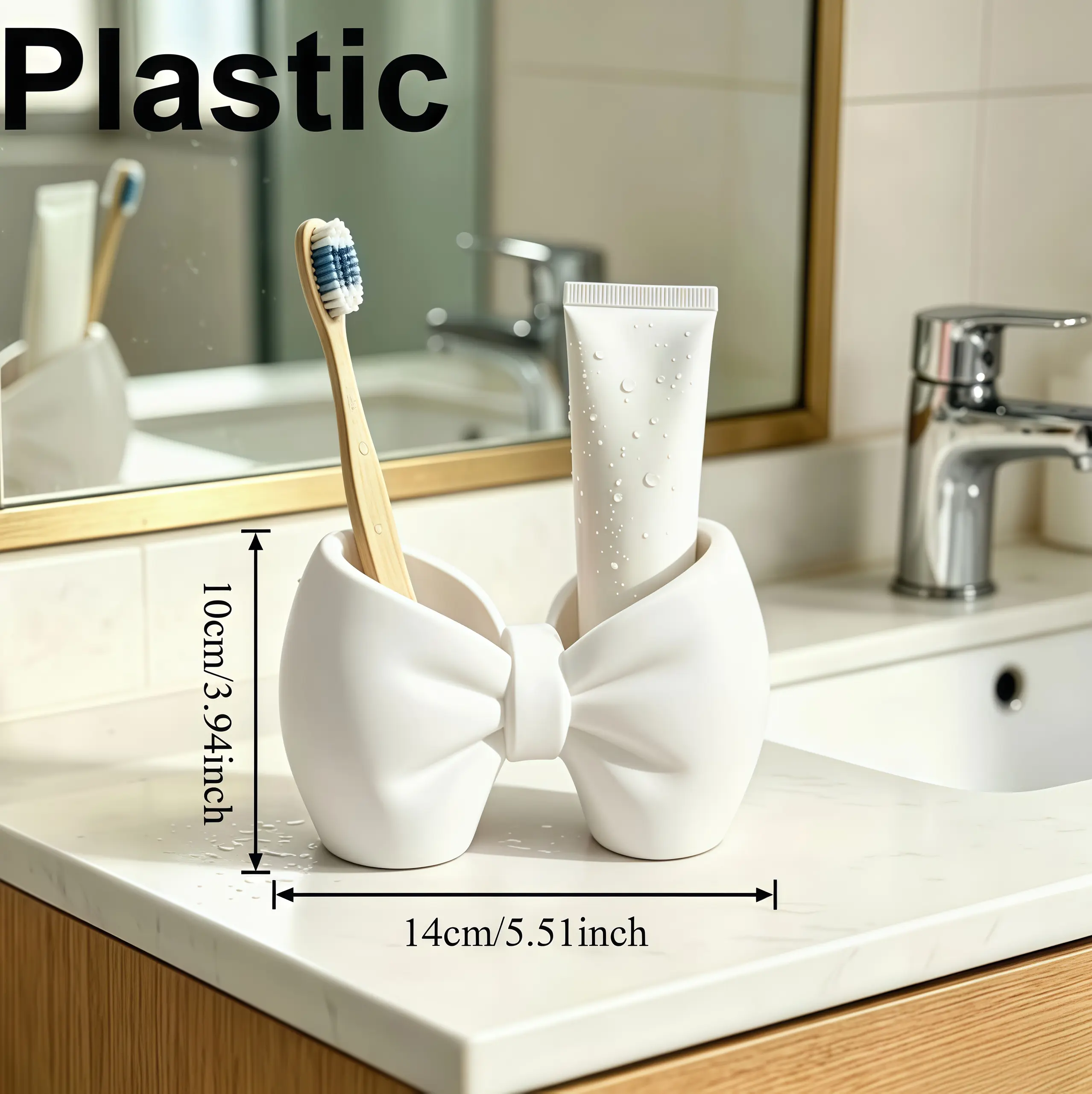 Aesthetic Bow-Shaped Toothbrush Holder, 2-Piece Lightweight Plastic Set for Kids & Girls, Bathroom Vanity Accessory with Double Holes, Organizer, Two Pieces