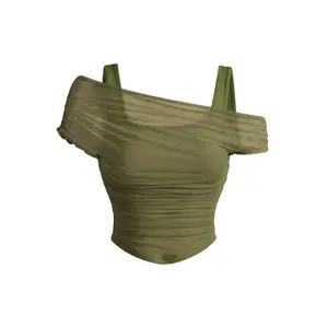 2026 Spring New Arrival: Women's Elegant and Alluring Tight-Fitting Asymmetrical Neckline Ruched Short Top - Fashionable Mesh Blouse, Suitable for Clubs, Date Nights, and Vacations