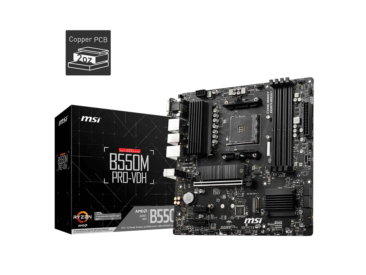MSI B550M PRO-VDH Micro-ATX Motherboard - AMD AM4, Ryzen 5000/4000/3000 Ready, PCIe 4.0, Dual M.2, USB 3.2 Gen 1, 2.5G LAN, Realtek Audio