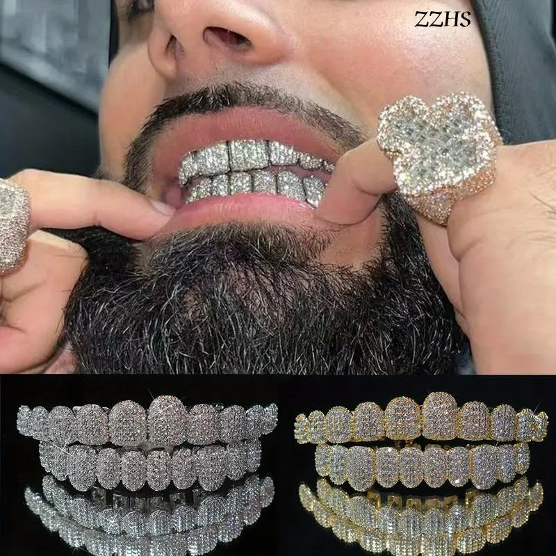 ZZHS Hip Hop Cubic Zirconia Teeth Grills 2pcs Set - 20pcs Top & Bottom Grills for Rappe and Cosplaye with Glittering Finish Oral Heart Shaped Brackets Ceramic Braces