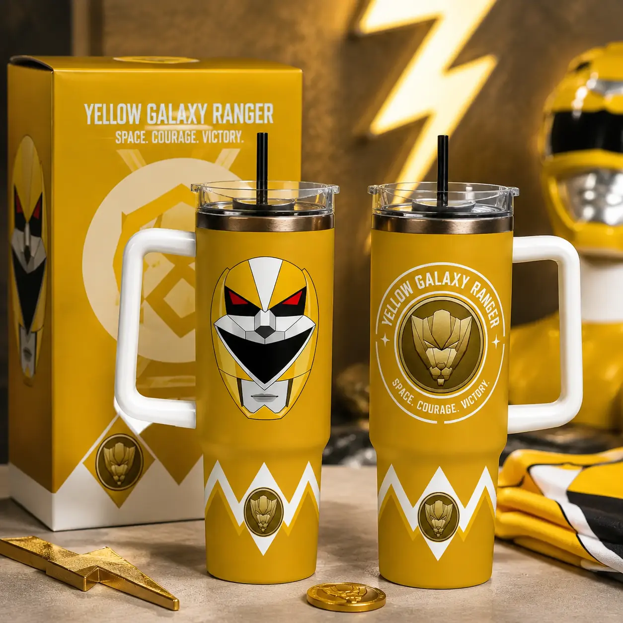 P0wer Rang3rs Lost Galaxy 40oz Insulated Tumbler Collection - Choose Red, Blue, Green, Yellow, Pink Ranger or Magna Defender - Stainless Steel Travel Mug with Helmet & Coin Art, Handle, and Straw