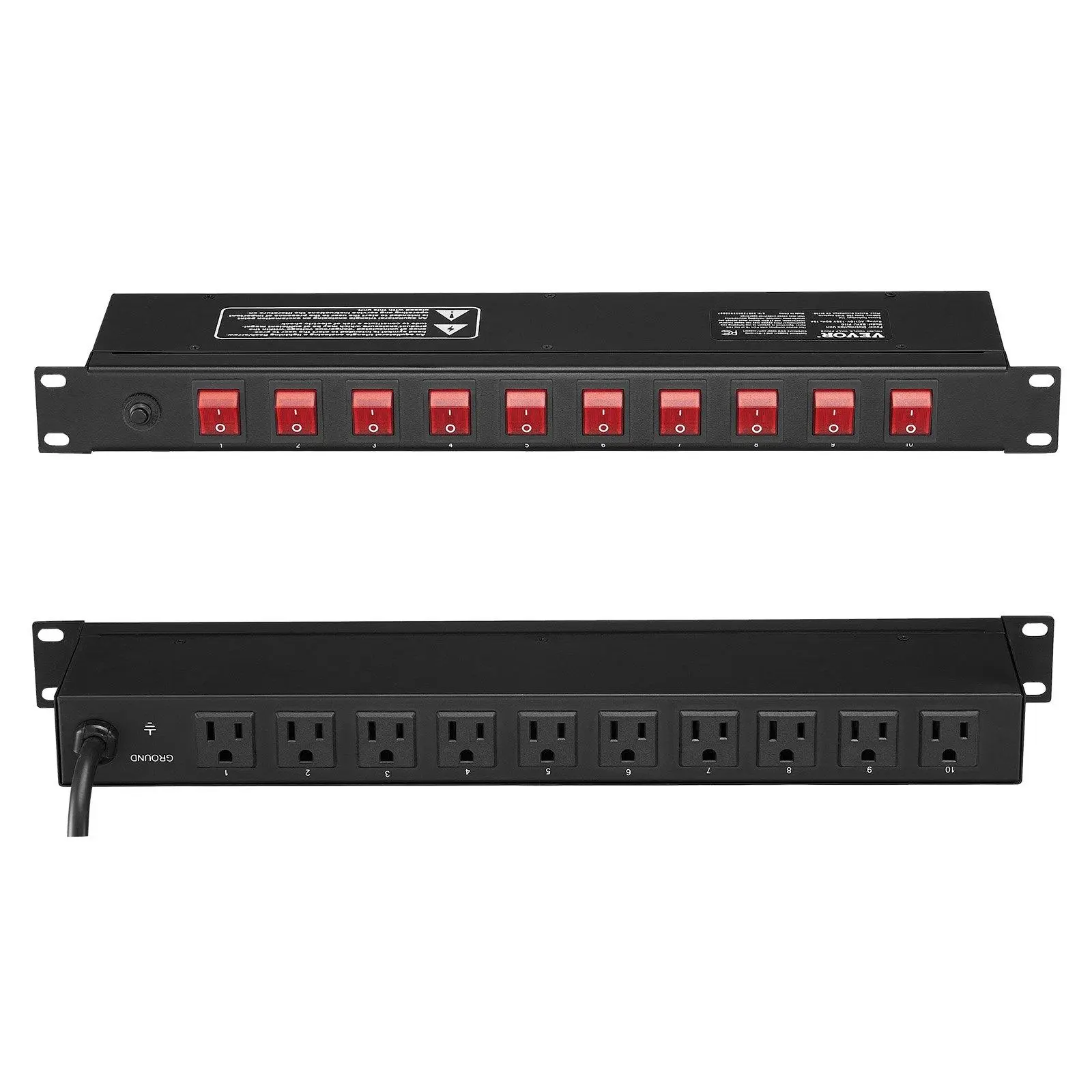 VEVOR 19" 1U Wired Rack PDU Power Strip, 10 NEMA 5-15P Wall Outlets, 6ft 15A Surge Protector for 19-inch Racks, Fireproof Copper Wire, Overload Safe, High Conductivity, Energy Saver, Rectangle, Indoor Use, Wall-Mountable with Screws & On/Off Switch