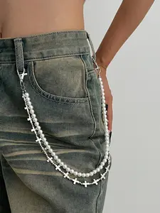 Women's Cross Pendant Necklace with Faux Pearls, Multi-Layered Tassel Design, Punk Style Metal Chain Jewelry Accessory, Fashion Jewelry Accessories, Modern Fashion Accessories