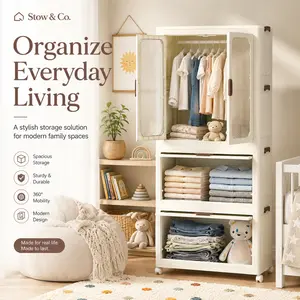 Storage Organization Portable Wardrobe Closet for family– Magnetic Doors, 4 Cubes & Hanging Rod, Foldable Baby Storage Cabinet, 10 Hangers Included. Heavy Duty PP Plastic, Holds 50lbs/Cube. White Clothes Dresser for Bedroom & Small Spaces