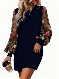 Elegant Lace Patchwork Lantern Sleeve Dress, Round Neck Mid-Length A-Line Fitted Dress, Fashionable Women's Clothing for Formal Special Occasions, Long Sleeve