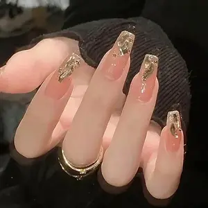 Hkanlre Bling Coffin Press on Nails Fake Nails Tips Full Cover Medium False Gradient Nails for Women and Girls 24PCS (Gold Coffin)