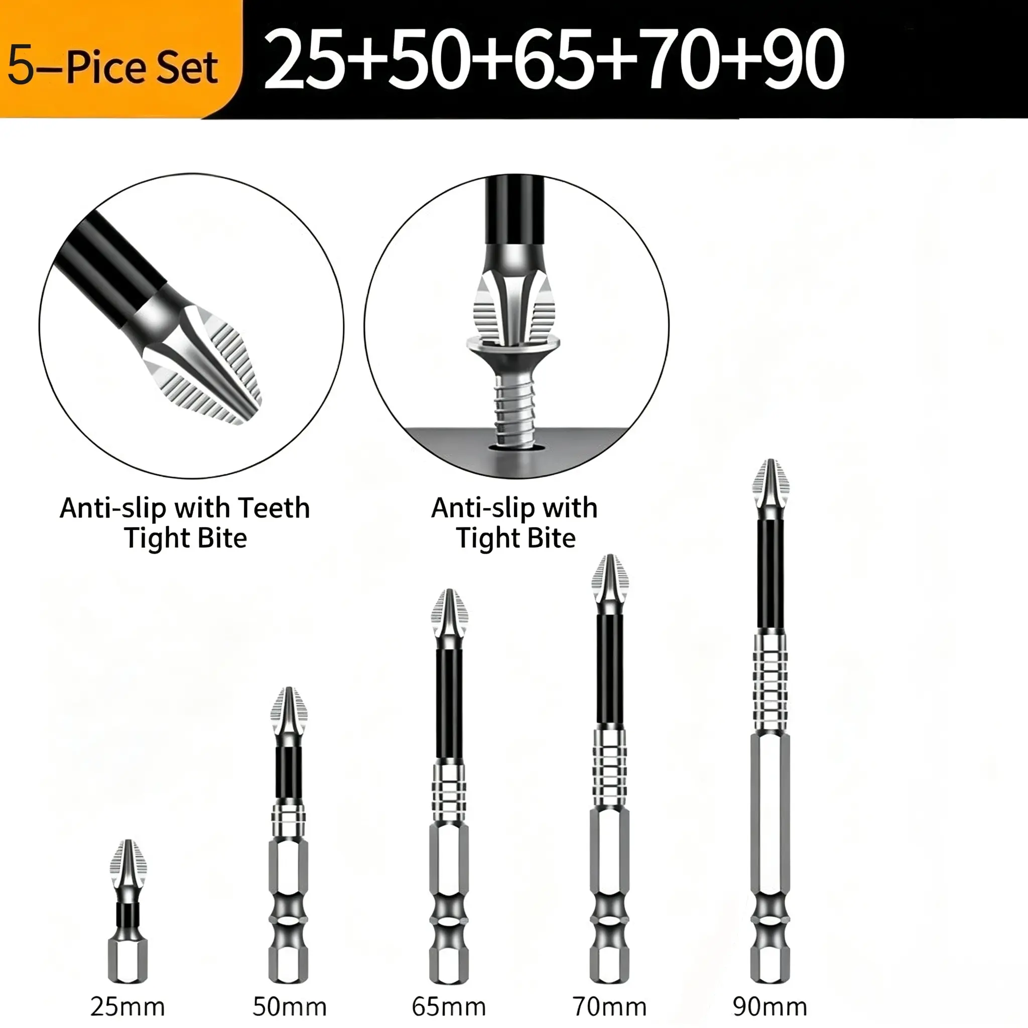 5 Pieces Anti-Slip Magnetic Crosshead Drill Bit Set - High Hardness 1/4" Hex Shank Impact Driver Bits, Black Heavy Duty Handheld Accessory for Power Tools, DIY