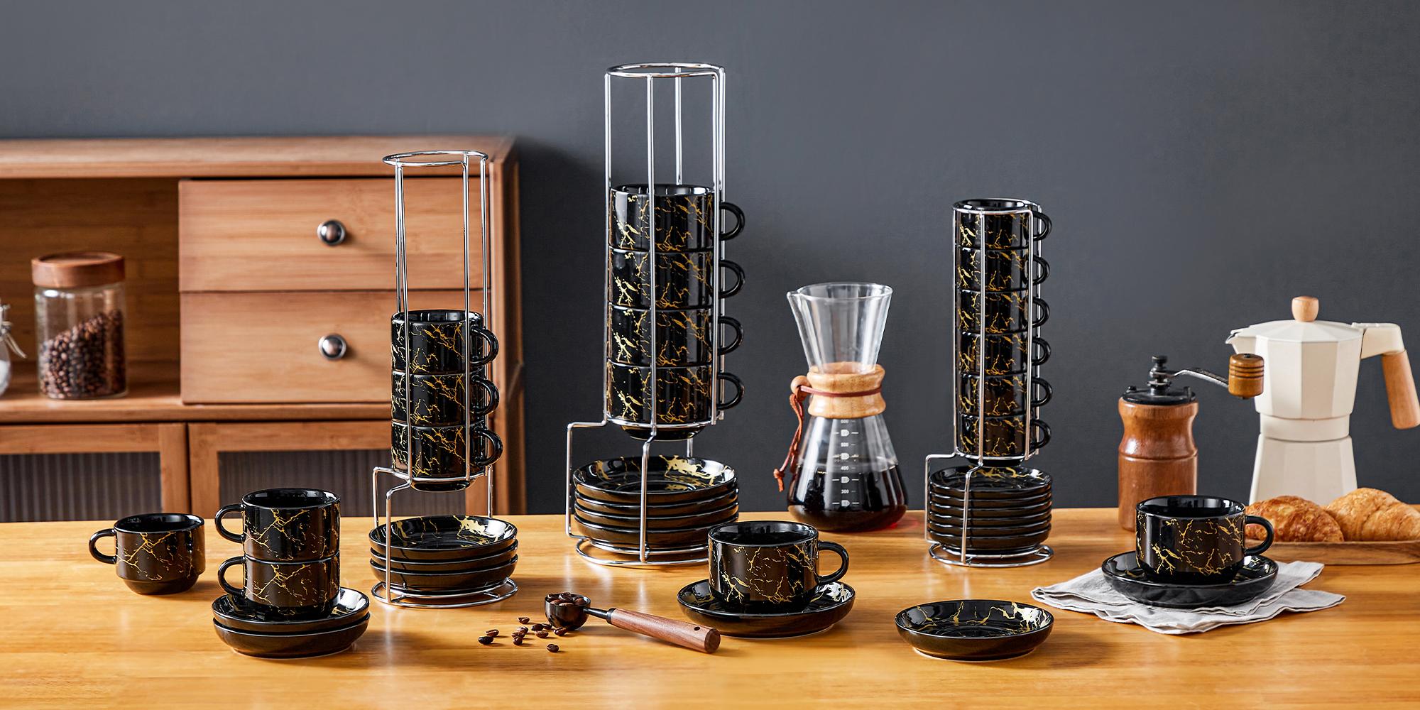 MALACASA 3/5/9 OZ Porcelain Espresso Cups (includes saucers and metal cup holder) 6-Piece Set, Stackable Cappuccino Cups, Coffee Cups, and Tea Cups, Marble-Patterned Espresso Cup Set, Perfect for Espresso, Lattes, and Tea