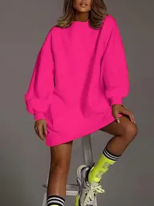 Women's Casual Fashion Crew Neck Ribbed Long Sleeve Sweatshirt in Fluorescent, Loose Fit Comfortable Lightweight Pullover for Autumn & Winter, Minimalist Style Basic Everyday Wear Womenswear