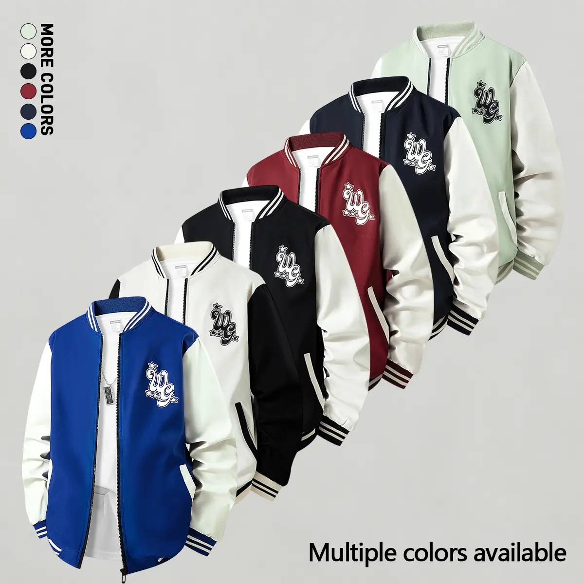 Men’s baseball jacket with a color-block design, practical pockets, ribbed cuffs, collar, and hem that are wear-resistant, featuring a print and a casual street style, suitable for spring, autumn, and winter.