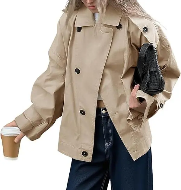 Tankaneo Womens Trench Coat Single Breasted Lapel Casual Oversized Coats Short Jacket Fall Outerwear