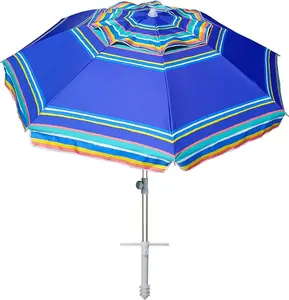 AMMSUN 7ft Heavy Duty High Wind Beach Umbrella Parasols with sand anchor & Tilt Sun Shelter, UV 50+ Protection Outdoor Sunshade Umbrellas Carry Bag for Patio Garden Pool Backyard Stripe Blue