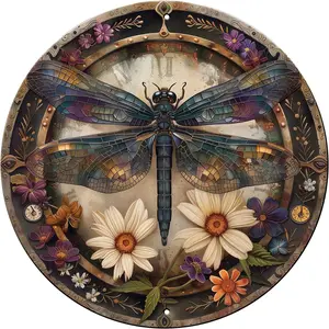 Vintage Dragonfly Metal Sign 8x8 Inch Round Wall Art for Indoor Outdoor Home Decor Rustic Wreath Print Aluminium Durability Easy Install Full Color Vibrant Design Aluminium Decoration Room