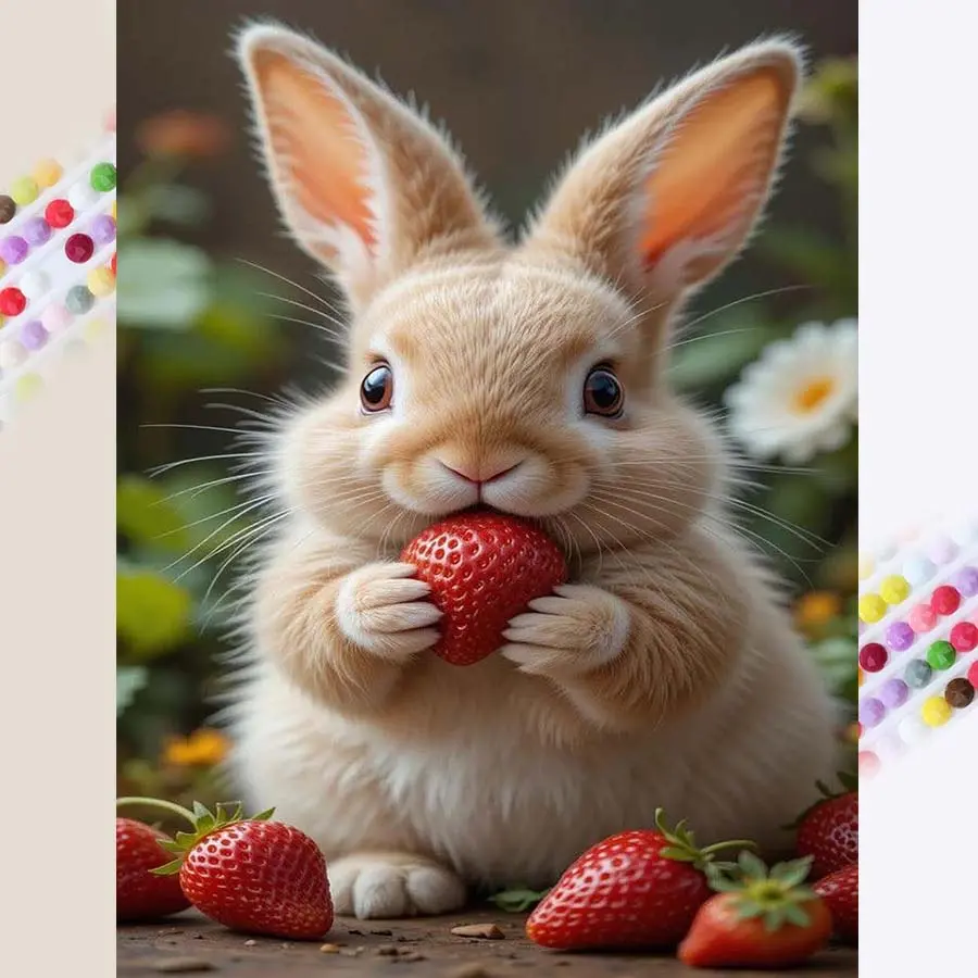 DIY 5D Full Drill Round Diamond Painting Kit Rabbit Eating Strawberry Diamond Embroidery Art DIY Craft Supplies Handicraft Set Wall Decoration Back to School Season Gift Handmade Gifts for Family Lovers Friends