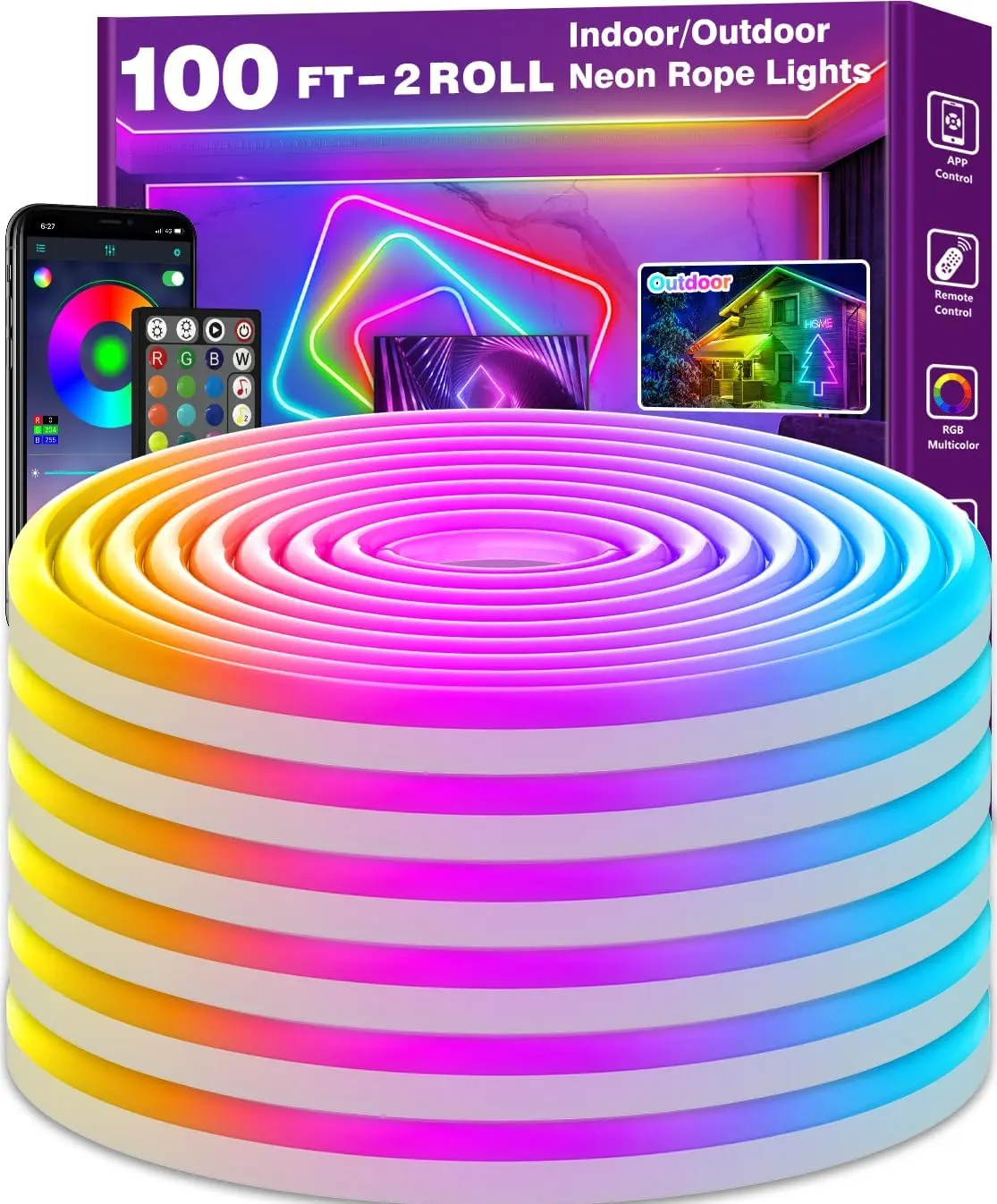 100Ft RGB LED Neon Rope Lights, Flexible IP65 Waterproof Strip Lights with App/Remote Control, Multiple Modes, Music Sync for Bedroom Gaming Indoor Home Improvement Use