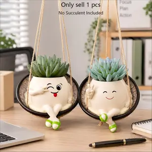 Funny Swing Face Hanging Planter Pot, Cute Smiling Resin Succulent Planter, Swinging Planter, Indoor Outdoor Use, Balcony Home Decor, Gift for Plant Lovers