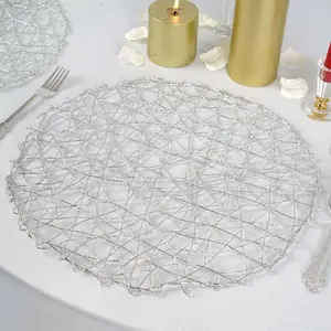 6-Pack Woven Fiber Table Placemats 15" Round Design Metallic Silver - Disposable Dining Mats