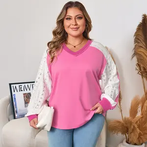 Plus Size V-neck Long Sleeve Top Lace Pieced Corded Womenswear