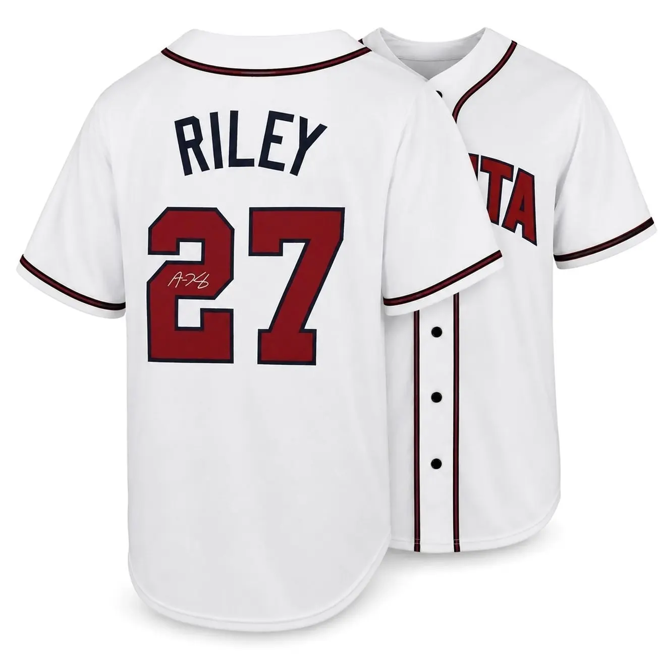 All-over Print Baseball Jersey Without Piping, White Red Navy Baseball Uniform, Riley #27 Facsimile Autographed Sports Fan Jersey 3