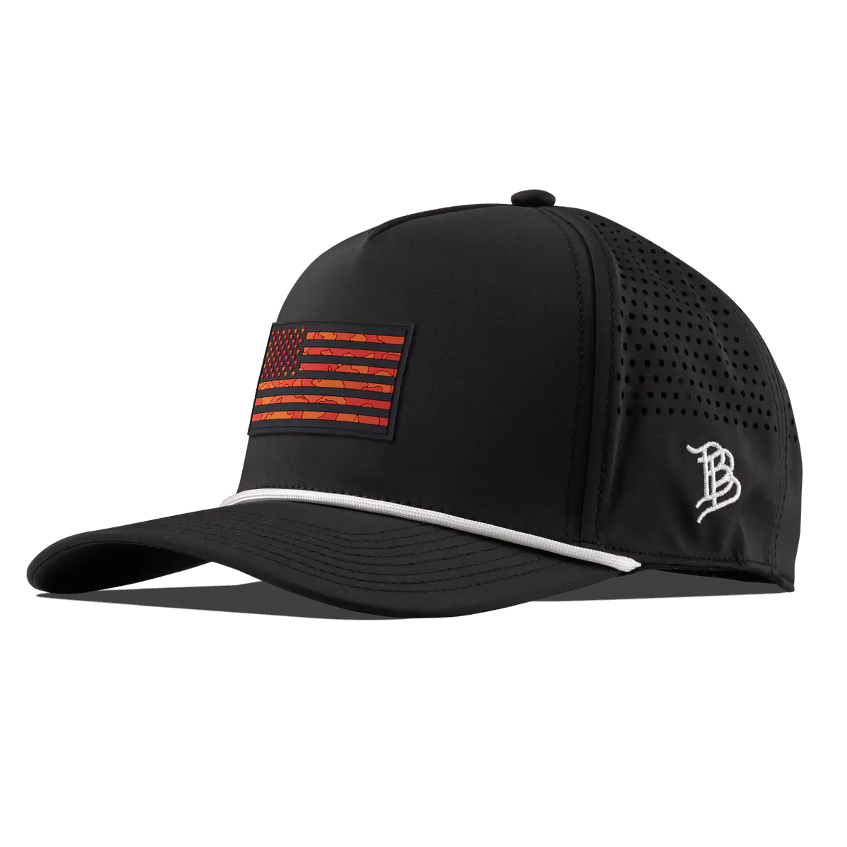 Blaze Orange Camo Old Glory Trucker Hat, Curved 5-Panel Rope Hardware Rope