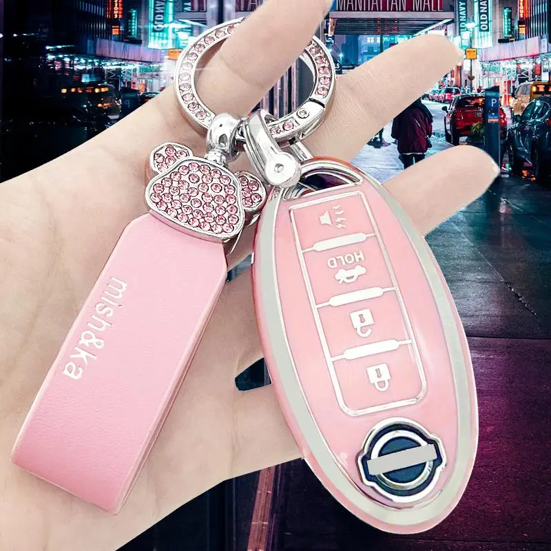 Car Key Case With Keychains, TPU Key Cover Key Fob Cover For Nissan X Trail 2023 2024 285E3 7LA6A ARIYA Qashqai, Bling Rhinestone Decor Protective Cover, Car Key Accessory, Car Key Protector for Girls & Women, Girly Car Accessories