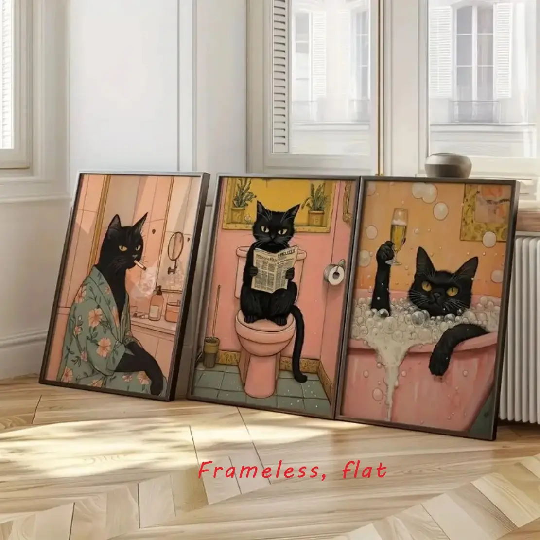 3-Piece Set / Pink Bathroom Black Cat Canvas Poster, Whimsical Animal Toilet Wall Art, Suitable for Living Room, Bathroom, Laundry Room Home Decor, Frameless Wall Art