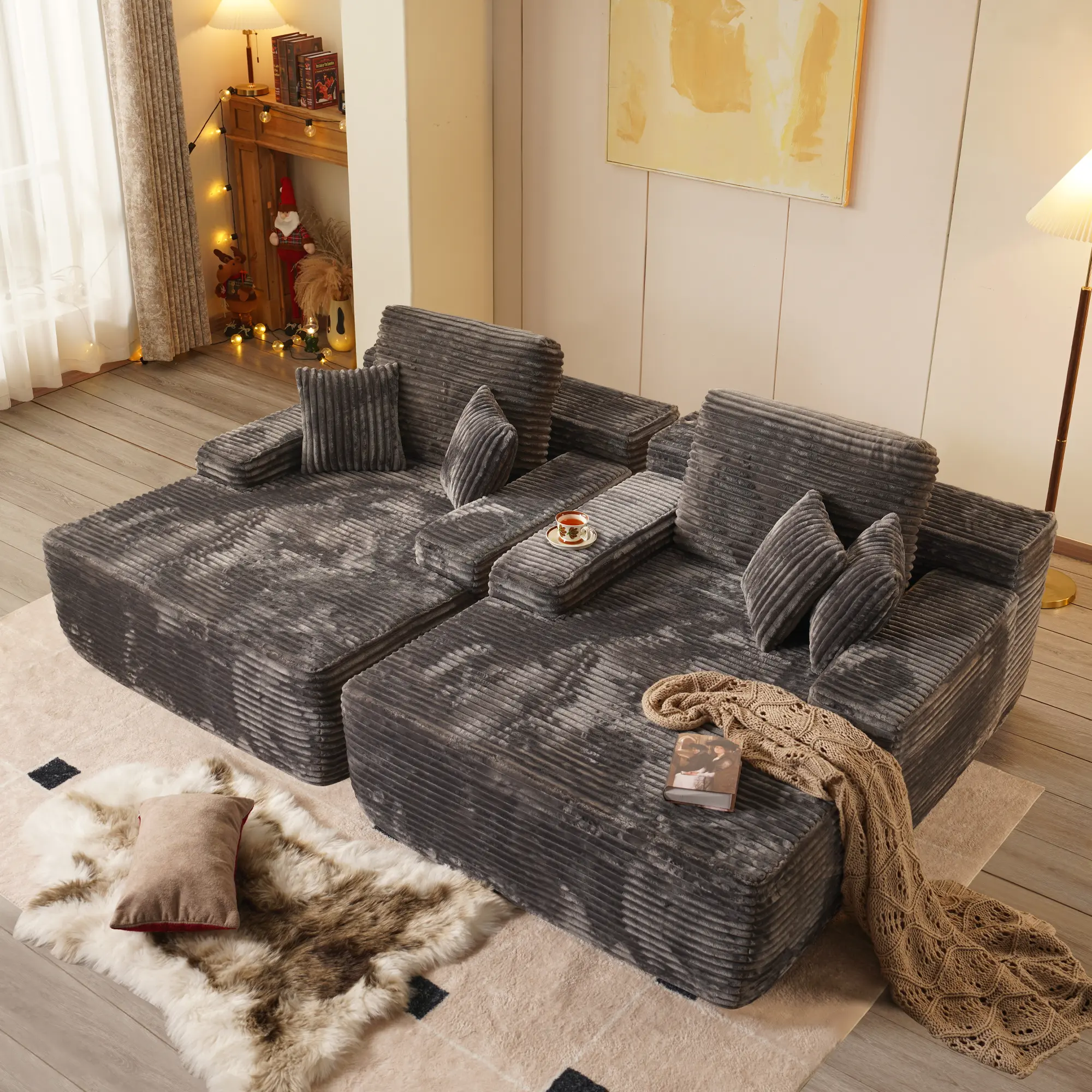 2*Grey Plush Corduroy