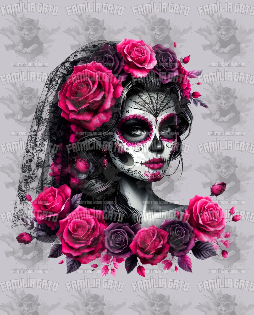 Pink Rose Catrina with Black Veil DTF Transfer - Hot Peel DIY Craft Supplies, DIY Design Custom Specialty Supply; 320°F Firm Pressure for 13 Sec, 280°F Medium-Firm Pressure for 13 Sec