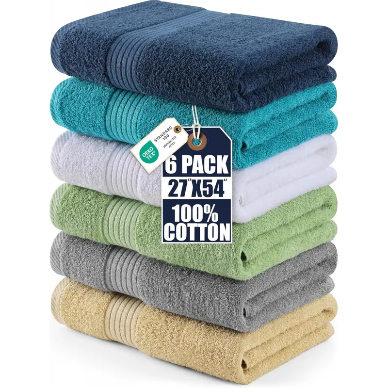 6 Pack Bath Towels Set, (27 x 54 Inches) 100% Ring Spun Cotton, Quick Dry, Highly Absorbent, Soft Feel Towels (White, Cool Grey, Turqoise, Sage Green, Navy, Beige)