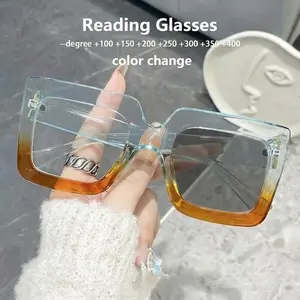 Women's Fashionable Gradient Frame Reading Glasses, Color-Changing Square Frames, 100-400 Degree Correction, Daily Use Eyewear