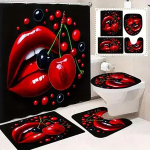 1/4 pcs Red Lips Cherry pattern shower curtain set, festive design, non-slip floor mat, U-shaped carpet, toilet lid cover, bathroom decoration, partition, 12 shower curtain hooks included, Bathroom shower curtain sets