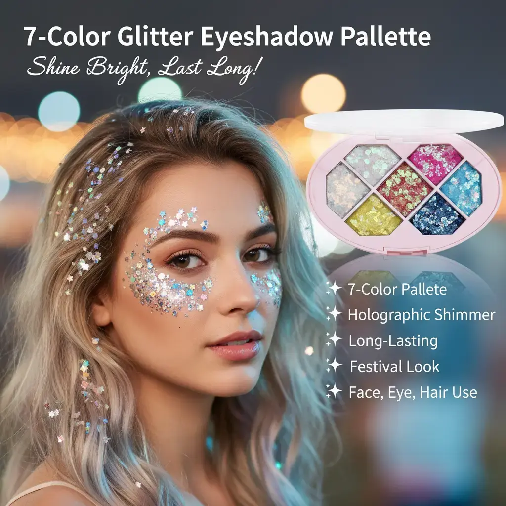 CmaaDU 1# 7-Color Glitter Eyeshadow Palette - Smooth Gel Holographic Shimmer Makeup, Chunky Long-Lasting Highlighter, Full Single Item for Festive, Electronic Music Party Looks (Face, Eyes)