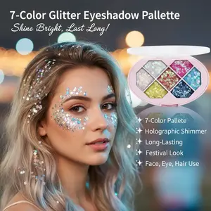 CmaaDU 1# 7-Color Glitter Eyeshadow Palette - Smooth Gel Holographic Shimmer Cosmetic, Chunky Long-Lasting Highlighter for Festive, Electronic Music Party Looks (Face, Eyes, Hair)
