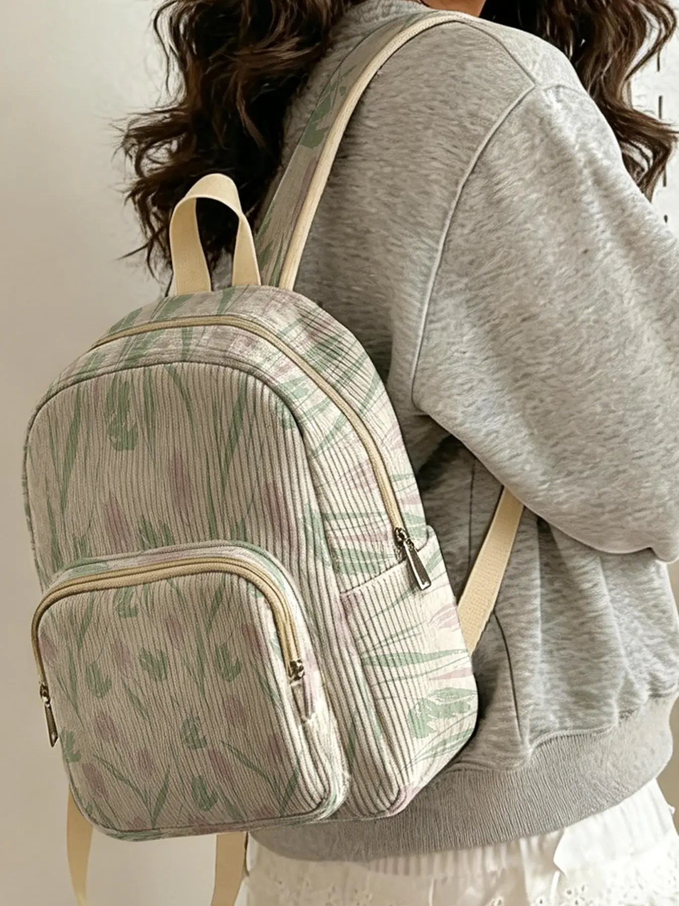 1 piece of tulip pattern 2D printed lady's backpack, velvet texture + layered storage + light weight reduction | perfect for students going to class/shopping/short trips | combines atmosphere with practicality