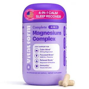 VitalForm Magnesium Glycinate – 4-in-1 Stress, Sleep, Mood & Recovery Support with GABA, L-Theanine, Rhodiola, Zinc & B6 – 200mg – 100 Vegan Capsules – Non-GMO